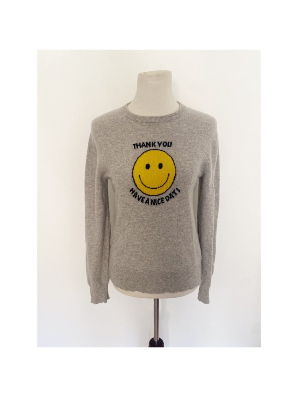 Kule Have a Nice Day 100% Cashmere Pullover Sweater Gray Happy Face